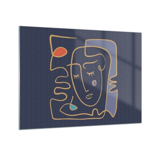 Obraz na skle - Abstraktná tvár v obryse na námorníckomodrom pozadí - 70x50cm - V zádumčivosti - Moderná nástenná dekorácia do obývacej izby a spálne ARTTOR