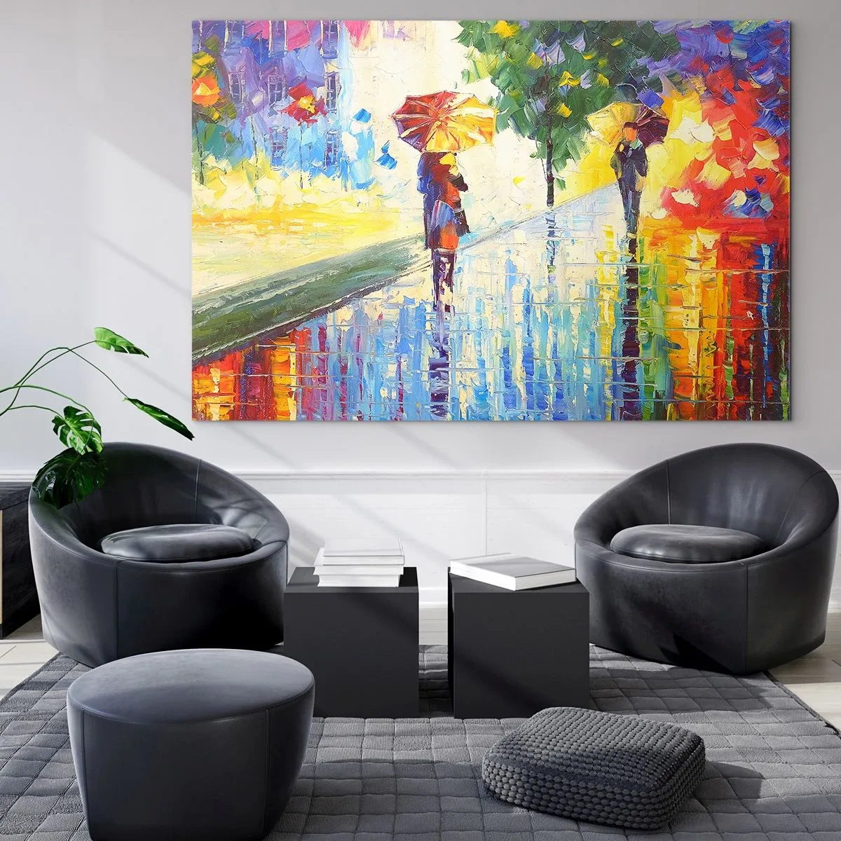 Obraz na skle - Farebná prechádzka v daždi s impresionistickým dáždnikom - 70x50cm - A všetko je jasné - Moderná nástenná dekorácia do obývacej izby a spálne ARTTOR