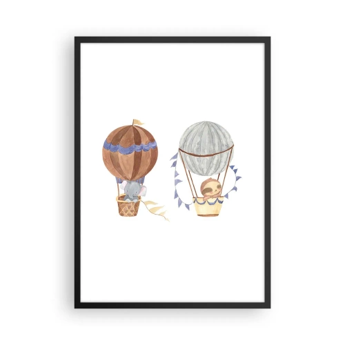 Plagát v čiernom ráme - Roztomilé zvieratká v balónoch na bielom pozadí v akvarelovom štýle - 50x70cm - Priatelia na cestách - Moderná nástenná dekorácia do obývacej izby a spálne ARTTOR