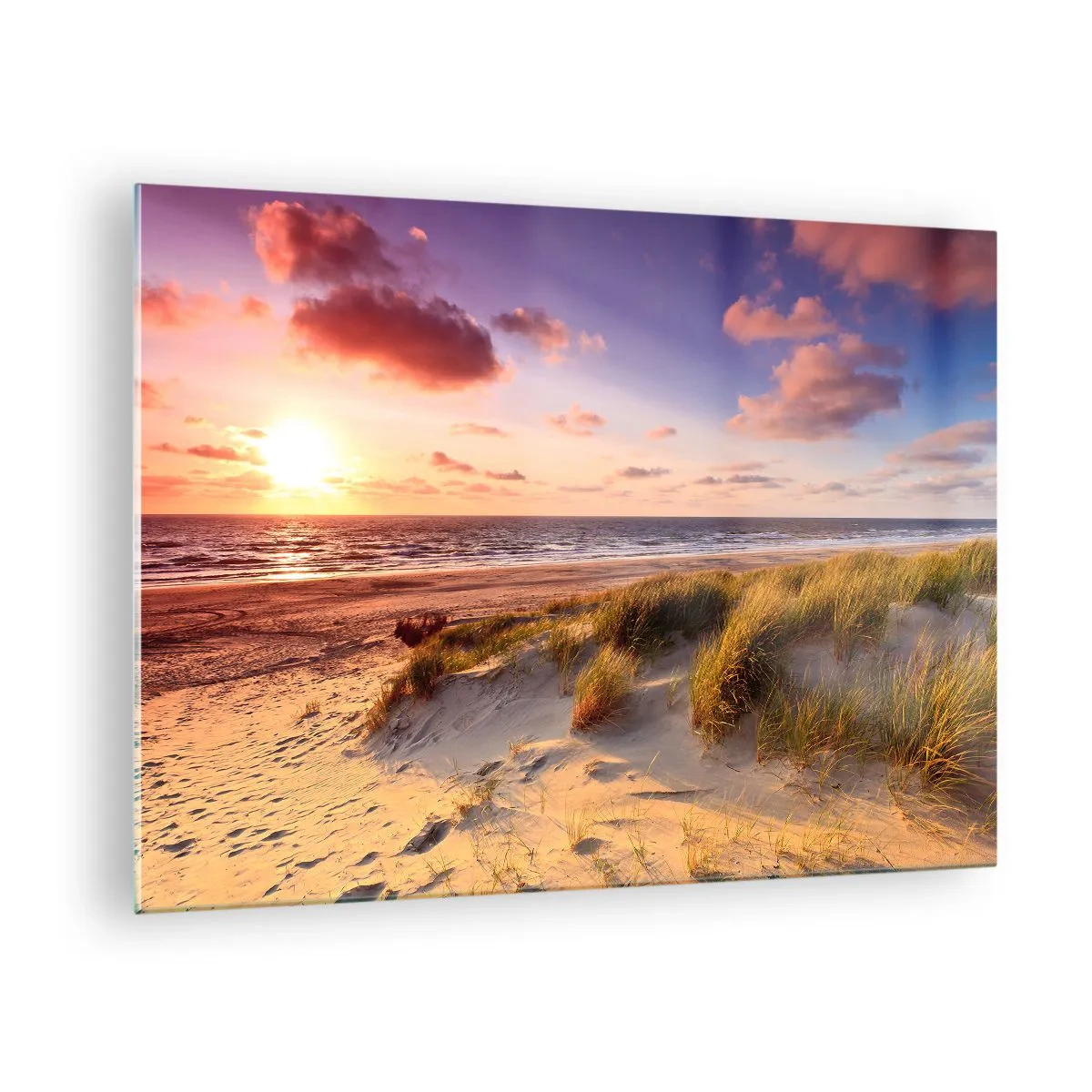 Obraz na skle - Pláž s dunami pri západe slnka - 70x50cm - Už letom vonia vzduch - Moderná nástenná dekorácia do obývacej izby a spálne ARTTOR