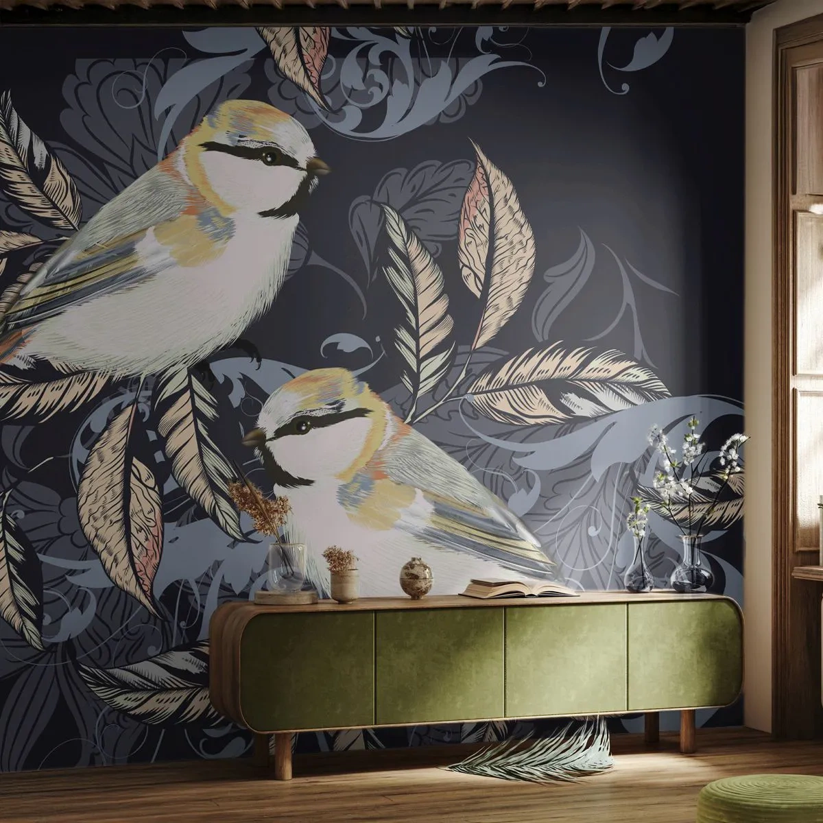 Fototapeta Standard Eco - Ilustrácia vtákov na tmavom pozadí s ornamentami - 100x70cm - Žltomodrá pieseň - Moderná nástenná dekorácia do obývacej izby a spálne ARTTOR