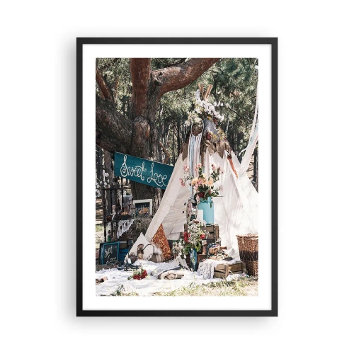Plagát v čiernom ráme - Kompozícia v boho štýle so stanom, kvetmi a nápisom Sladká láska - 50x70cm - Make love… - Moderná nástenná dekorácia do obývacej izby a spálne ARTTOR