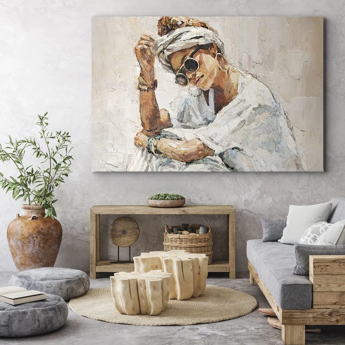 Obraz na plátne - Portrét ženy so slnečnými okuliarmi oproti svetlej stene - 70x50cm - Portrét v plnom slnku - Moderná nástenná dekorácia do obývacej izby a spálne ARTTOR