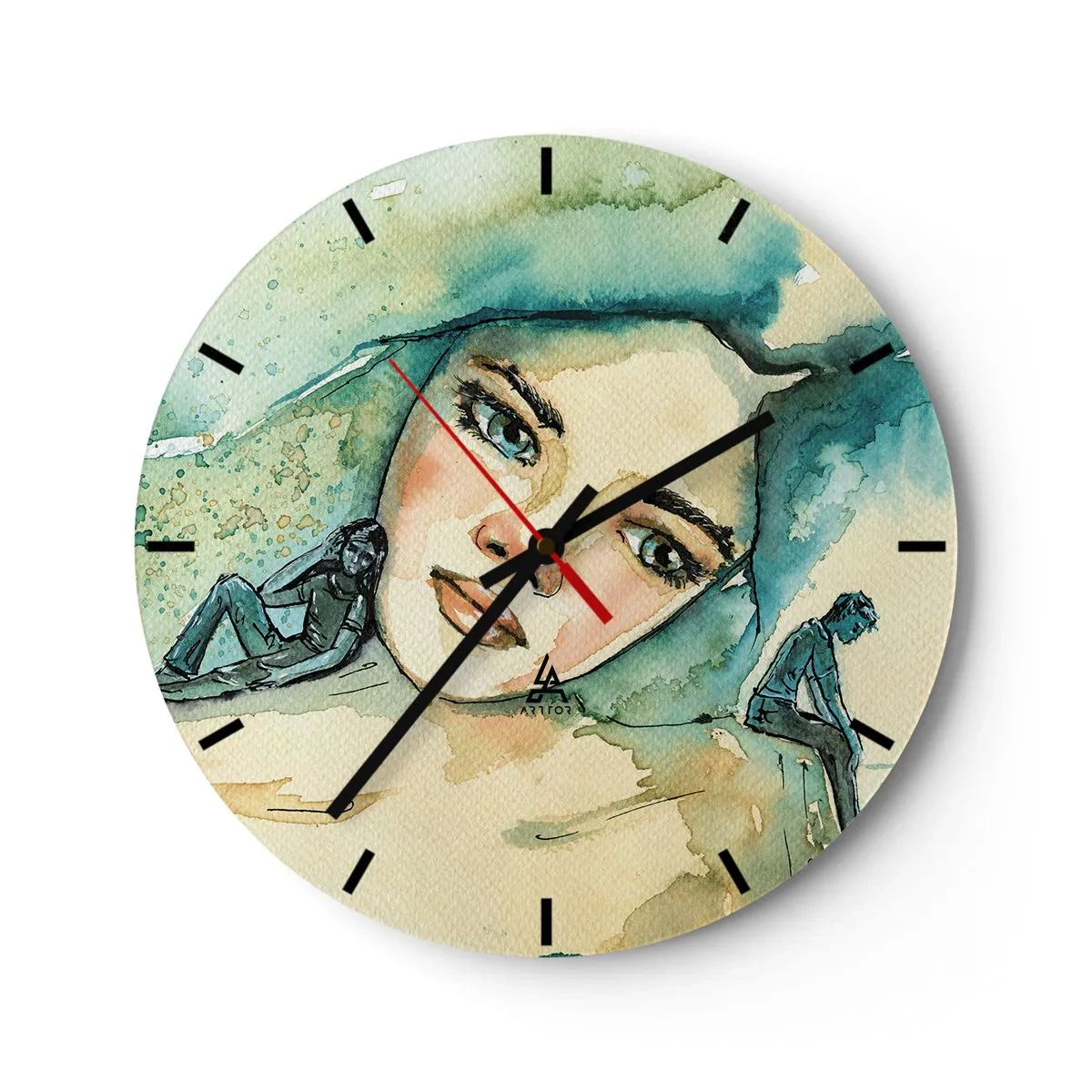 Nástenné hodiny - Umelecký portrét ženy a siluety v odtieňoch modrej - 30x30cm - Am I blue? - Moderná nástenná dekorácia do obývacej izby, kuchyne a spálne ARTTOR