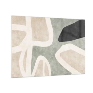 Obraz na skle - Abstraktné tvary v béžovej a zelenej farbe s nádychom čiernej - 70x50cm - Kompozícia s čiernym motívom - Moderná nástenná dekorácia do obývacej izby a spálne ARTTOR