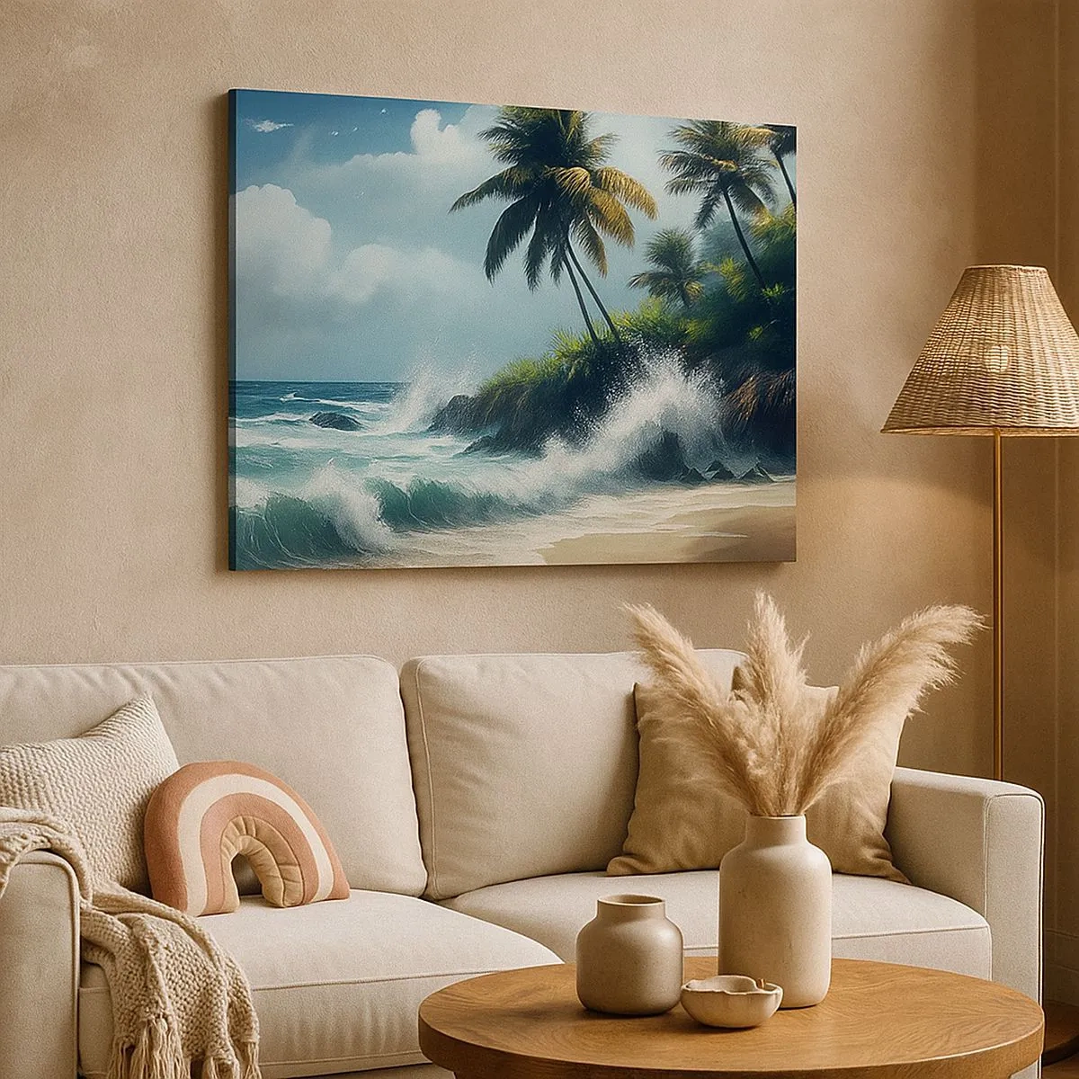 Obraz na plátne - Tropické pobrežie s palmami a rozbúreným morom - 70x50cm - Na tropickom pobreží - Moderná nástenná dekorácia do obývacej izby a spálne ARTTOR