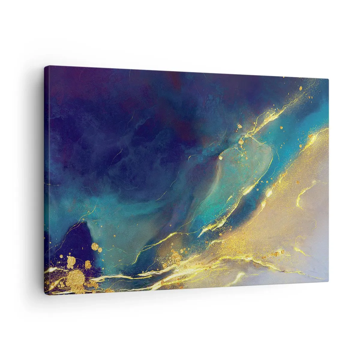 Obraz na plátne - Abstraktná kompozícia v odtieňoch modrej a zlatej na plátne - 70x50cm - Zlatý močiar - Moderná nástenná dekorácia do obývacej izby a spálne ARTTOR