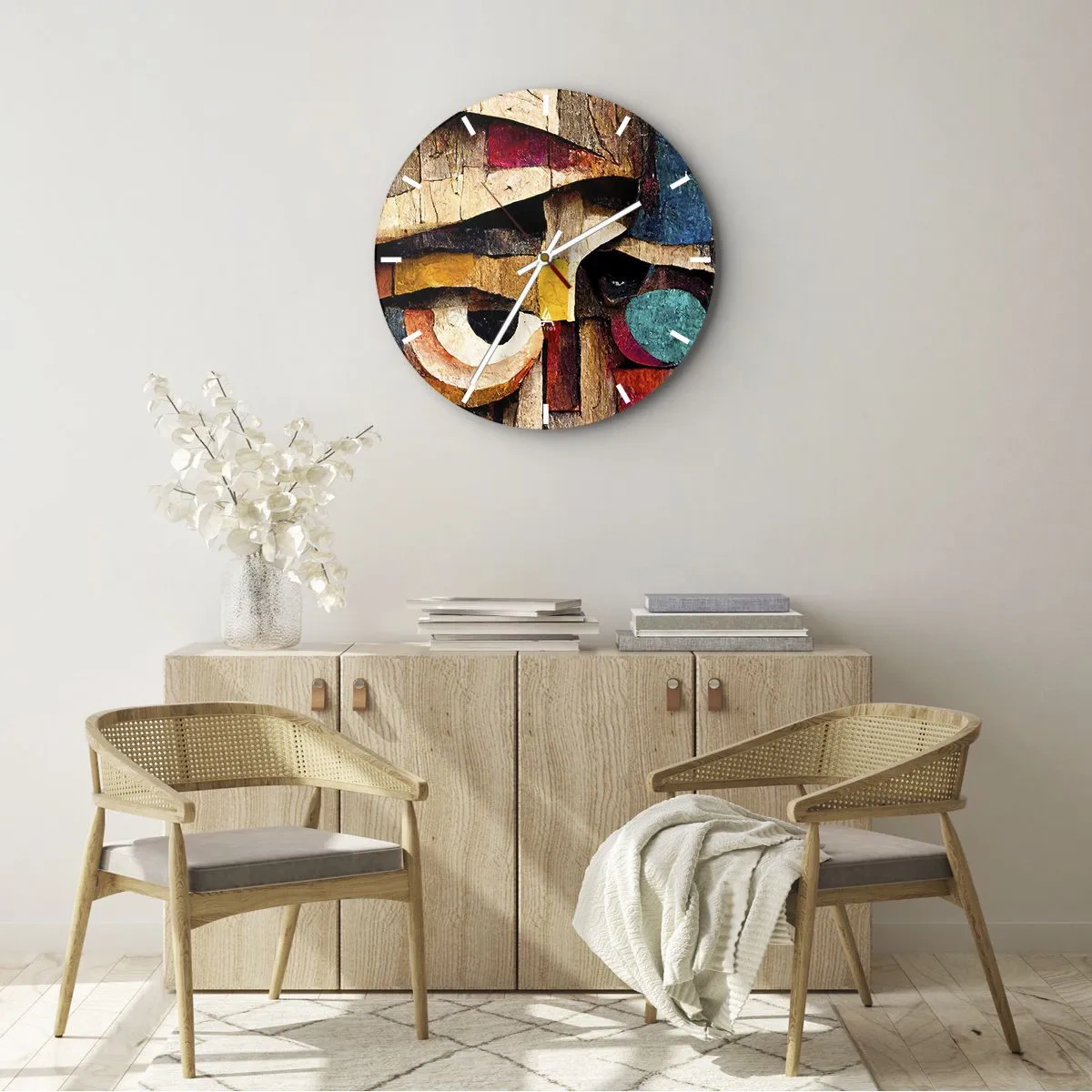 Nástenné hodiny - Farebná tvár v štýle drevenej mozaiky vyrobenej z geometrických tvarov - 30x30cm - Vidím ťa… - Moderná nástenná dekorácia do obývacej izby, kuchyne a spálne ARTTOR