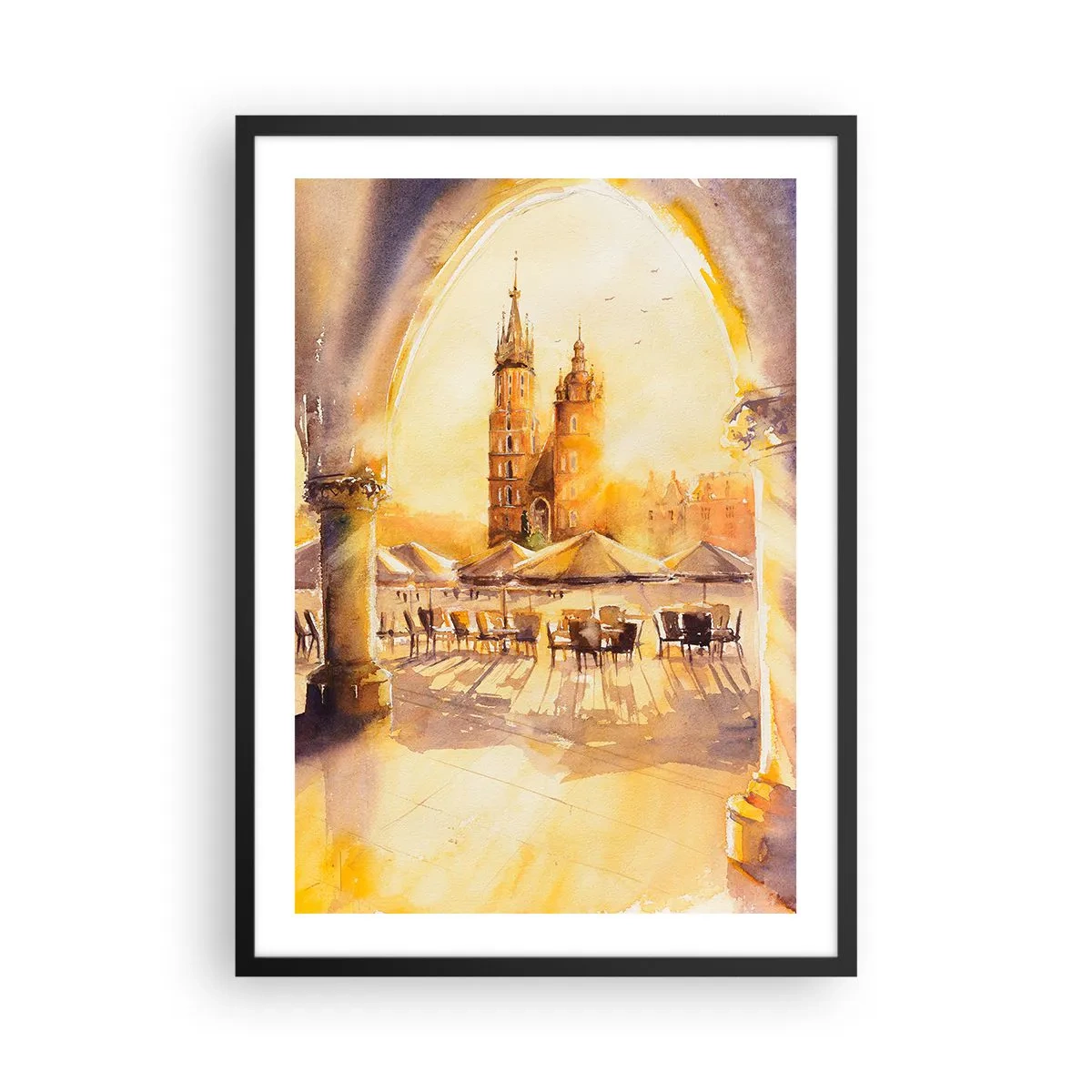 Plagát v čiernom ráme - Akvarel zobrazujúci krakovské trhové námestie pri západe slnka. - 50x70cm - Východ slnka nad krakovským námestím - Moderná nástenná dekorácia do obývacej izby a spálne ARTTOR