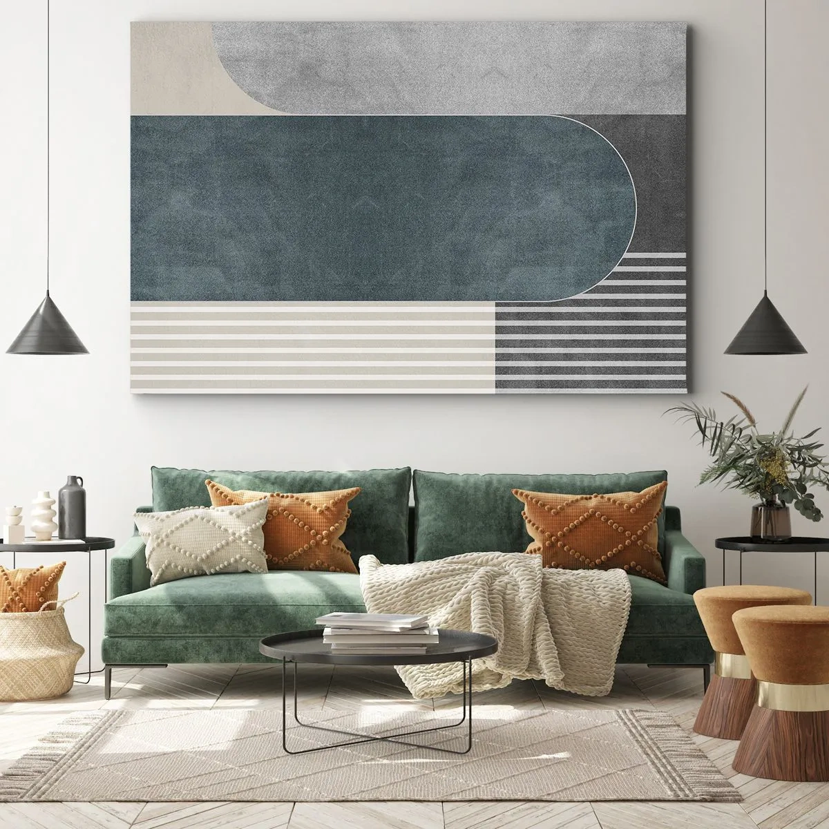 Obraz na plátne - Geometrická abstrakcia v odtieňoch sivej a zelenej - 70x50cm - Kompozícia na úrovni - Moderná nástenná dekorácia do obývacej izby a spálne ARTTOR