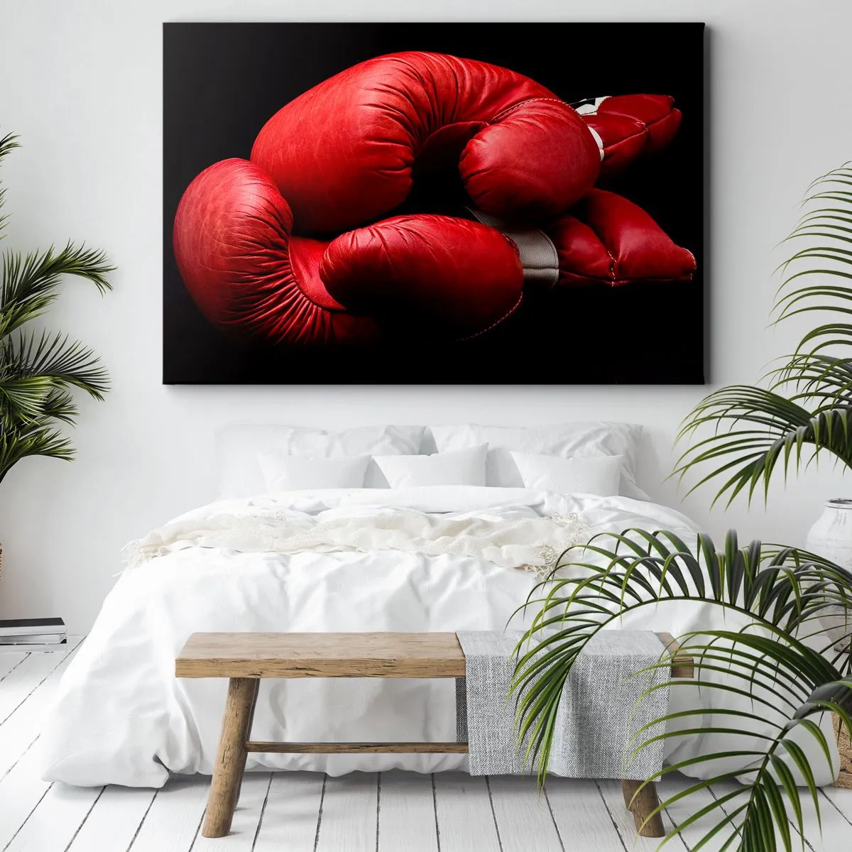 Obraz na plátne - Červené boxerské rukavice na čiernom pozadí - 70x50cm - Emócie boja za nami - Moderná nástenná dekorácia do obývacej izby a spálne ARTTOR