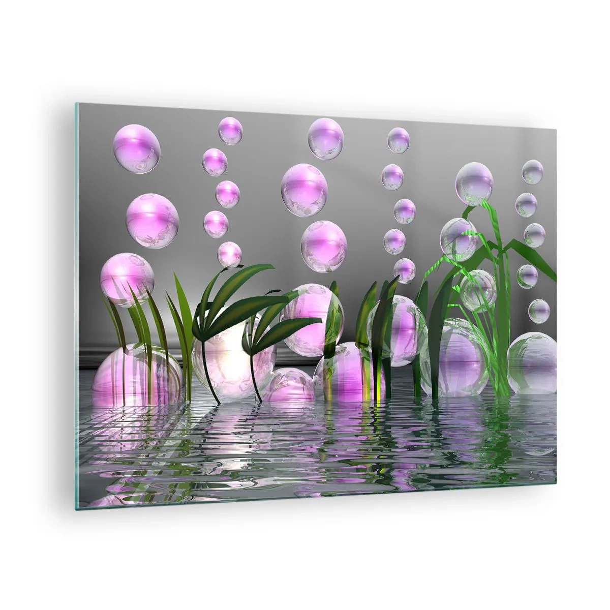 Obraz na skle - Fialové bubliny plávajúce nad vodou s rastlinami - 70x50cm - Reflexná kompozícia ľahkosti a života - Moderná nástenná dekorácia do obývacej izby a spálne ARTTOR