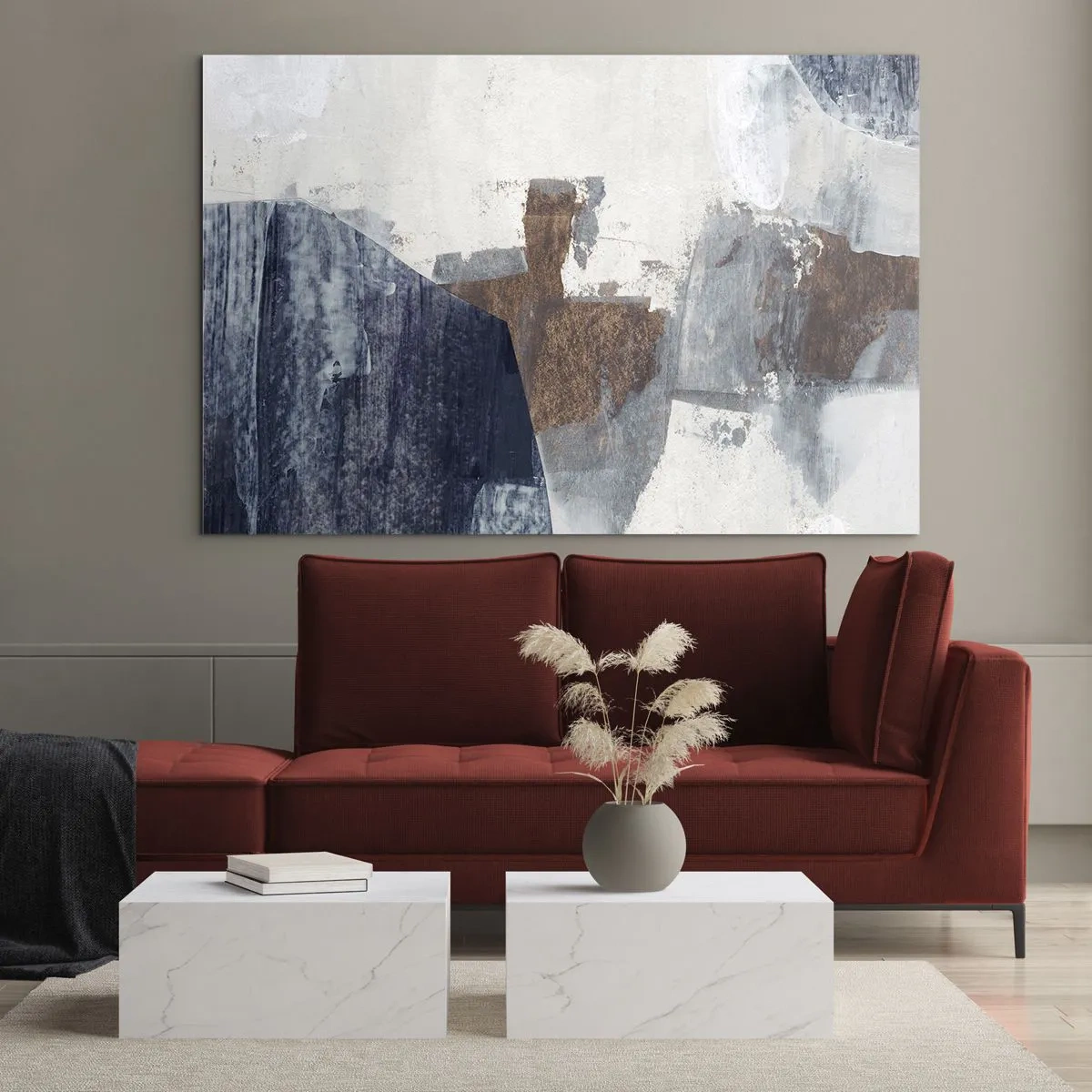 Obraz na skle - Geometrické tvary v modrej, hnedej a bielej farbe - 70x50cm - Modro-hnedé tvary - Moderná nástenná dekorácia do obývacej izby a spálne ARTTOR