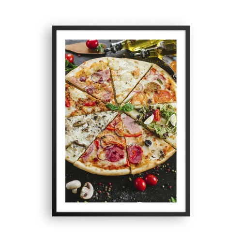 Plagát v čiernom ráme - Farebná pizza rozdelená na rôzne kusy - 50x70cm - Vejár chutí - Moderná nástenná dekorácia do obývacej izby a spálne ARTTOR