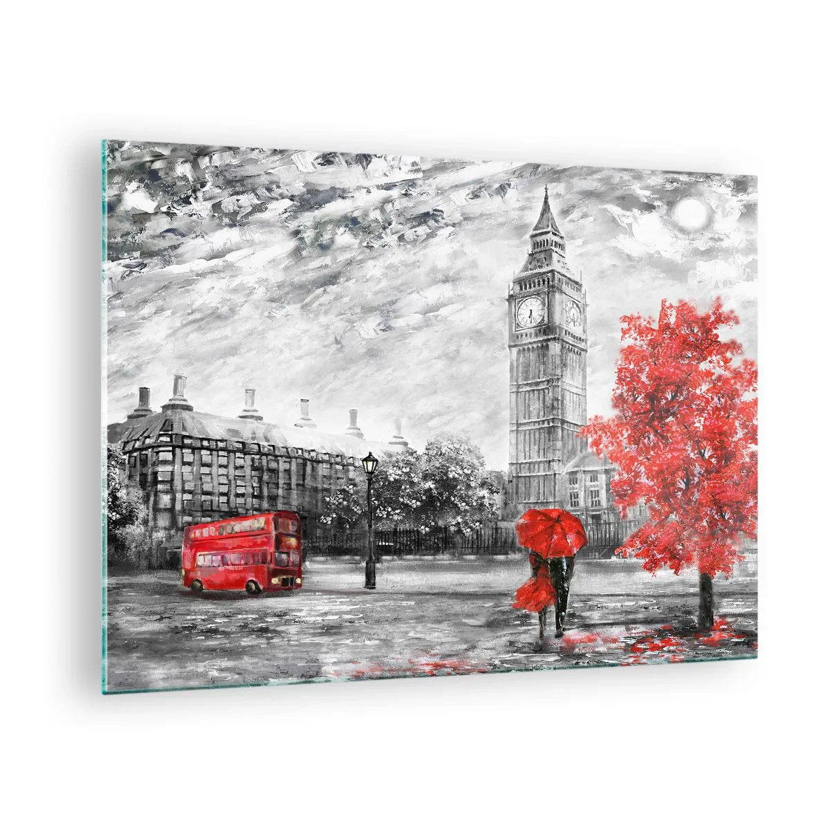 Obraz na skle - Big Ben s červeným autobusom a dáždnikom na pozadí jesenných stromov - 70x50cm - Vzrušujúci deň - Moderná nástenná dekorácia do obývacej izby a spálne ARTTOR