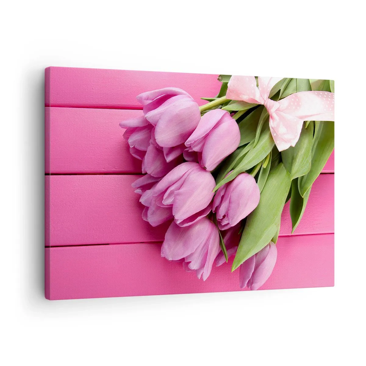 Obraz na plátne - Kytica ružových tulipánov s mašľou na ružovom pozadí - 70x50cm - Práve pre teba - Moderná nástenná dekorácia do obývacej izby a spálne ARTTOR