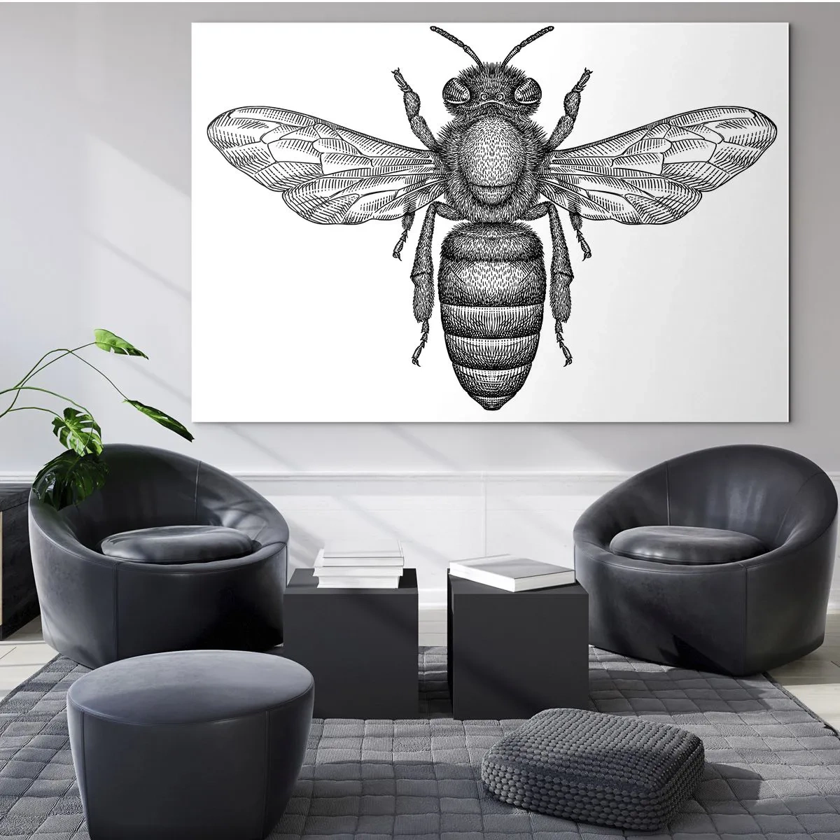 Obraz na skle - Detailná ilustrácia retro včely na bielom pozadí - 70x50cm - Hmyzí portrét - Moderná nástenná dekorácia do obývacej izby a spálne ARTTOR