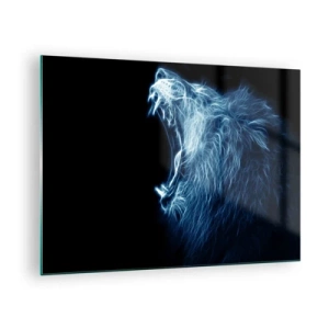 Obraz na skle - Výrazné neónové znázornenie revúceho leva na čiernom pozadí. - 70x50cm - Ohnivý hnev kráľa - Moderná nástenná dekorácia do obývacej izby a spálne ARTTOR