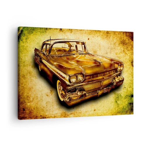 Obraz na plátne - Zlaté klasické retro auto na vintage pozadí so zostarnutým efektom. - 70x50cm - Nehynúca krása klasiky - Moderná nástenná dekorácia do obývacej izby a spálne ARTTOR