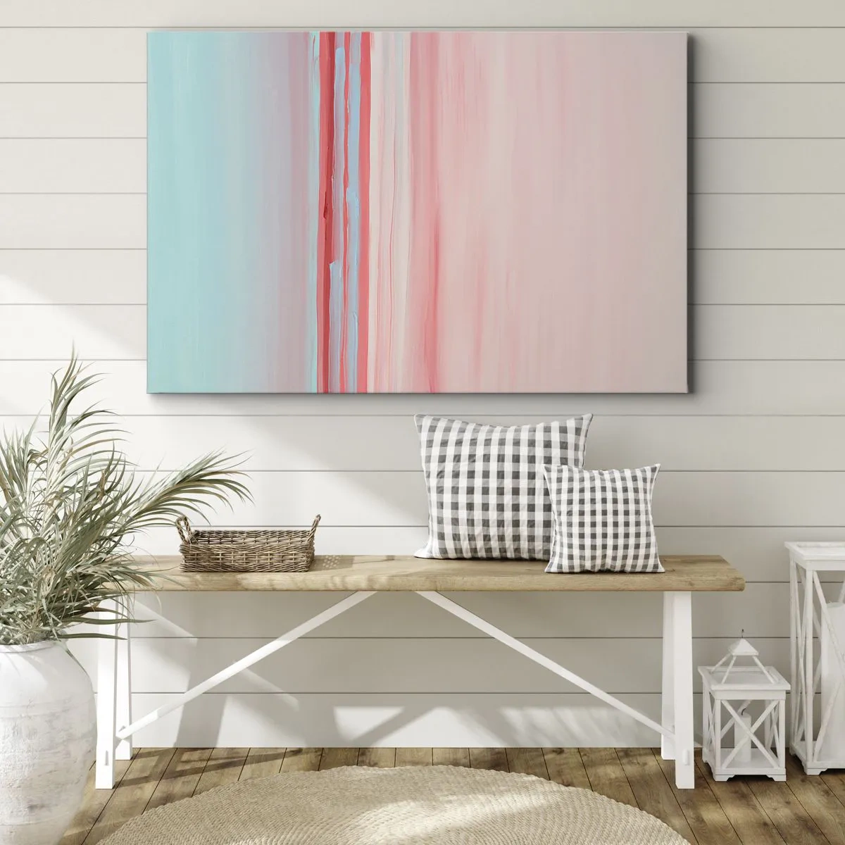 Obraz na plátne - Pastelové línie v odtieňoch ružovej a modrej v minimalistickej kompozícii - 70x50cm - Abstrakcia za úsvitu - Moderná nástenná dekorácia do obývacej izby a spálne ARTTOR
