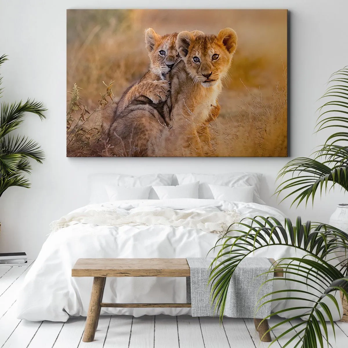 Obraz na plátne - Rozkošné levíčatá v ich prirodzenom prostredí - 70x50cm - Nevyrušovať! Hrajme sa - Moderná nástenná dekorácia do obývacej izby a spálne ARTTOR