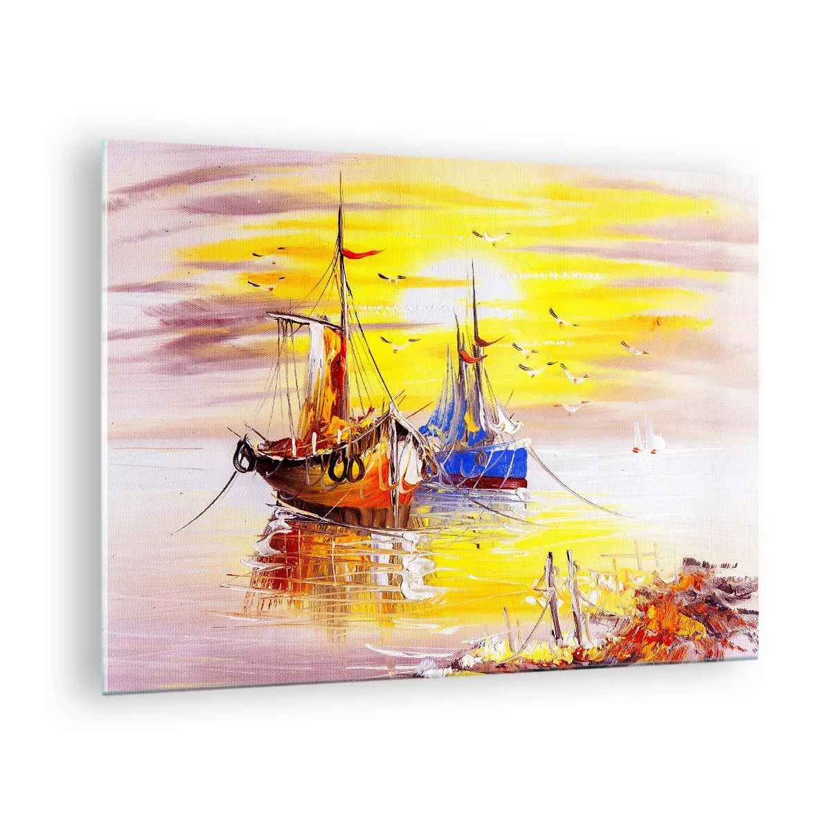 Obraz na skle - Rybárske lode pri západe slnka na pokojnej vode - 70x50cm - Zaslúžený odpočinok v prístave - Moderná nástenná dekorácia do obývacej izby a spálne ARTTOR