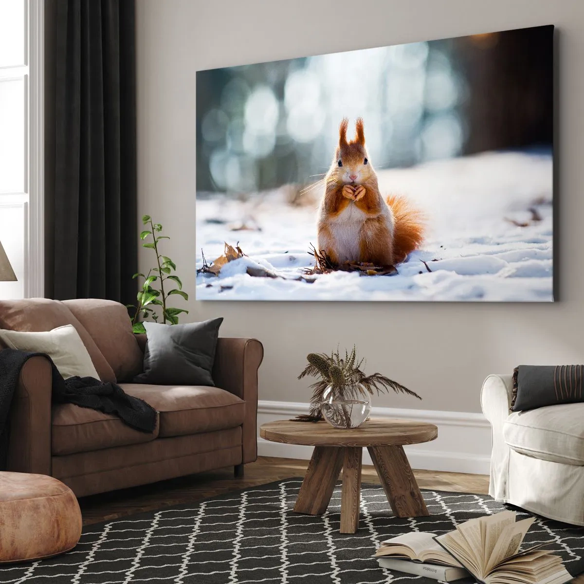 Obraz na plátne - Veverička v zimnej krajine - 70x50cm - Čo sa tak pozeráš? - Moderná nástenná dekorácia do obývacej izby a spálne ARTTOR