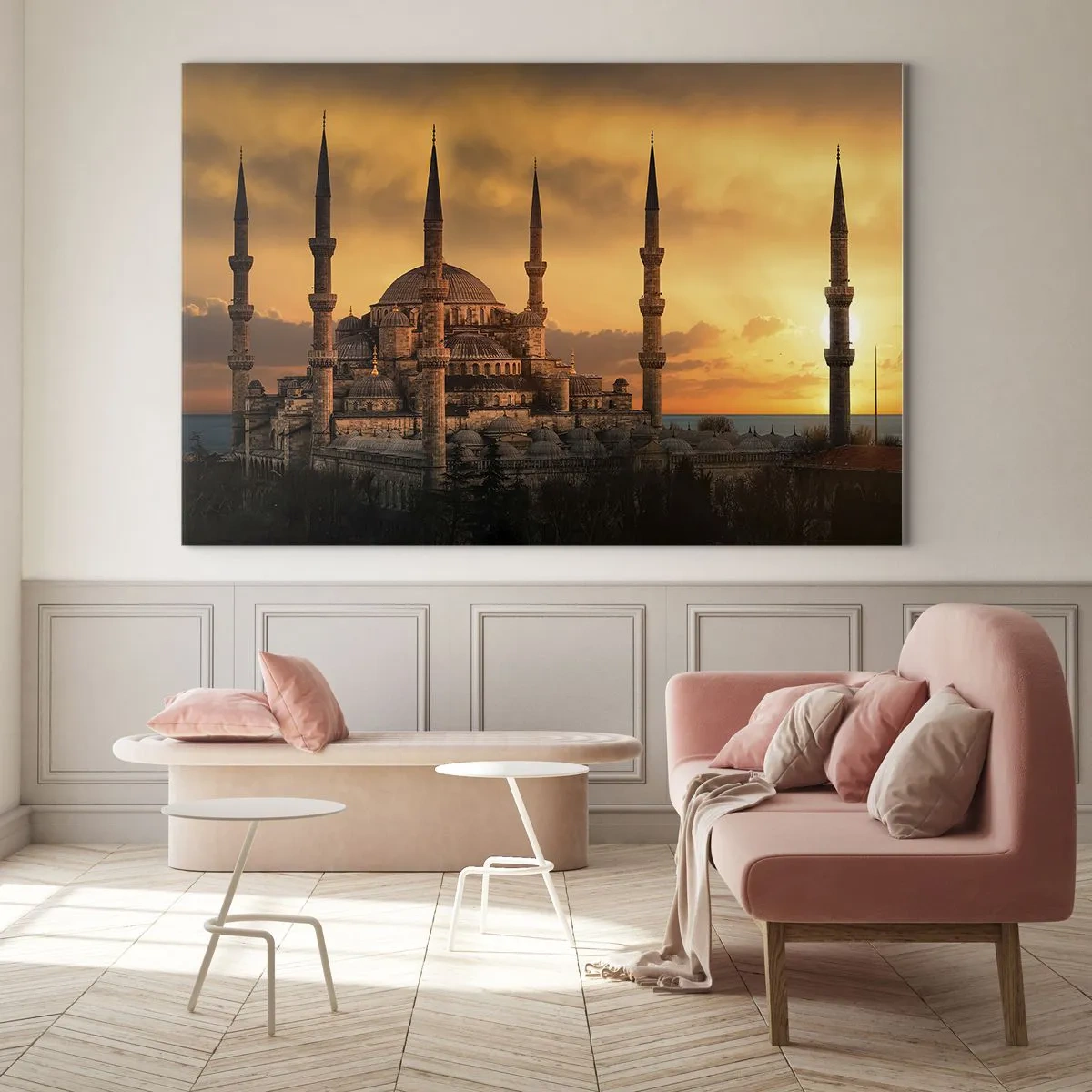 Obraz na skle - Modrá mešita na pozadí západu slnka - 70x50cm - Boh je veľký - Moderná nástenná dekorácia do obývacej izby a spálne ARTTOR