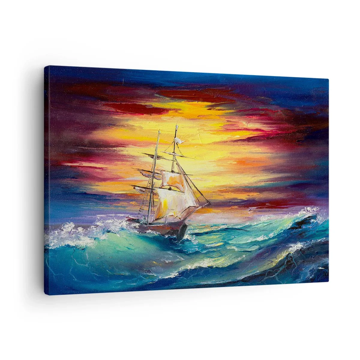 Obraz na plátne - Plachetnica na pozadí farebného západu slnka - 70x50cm - Statočne proti vlnám - Moderná nástenná dekorácia do obývacej izby a spálne ARTTOR