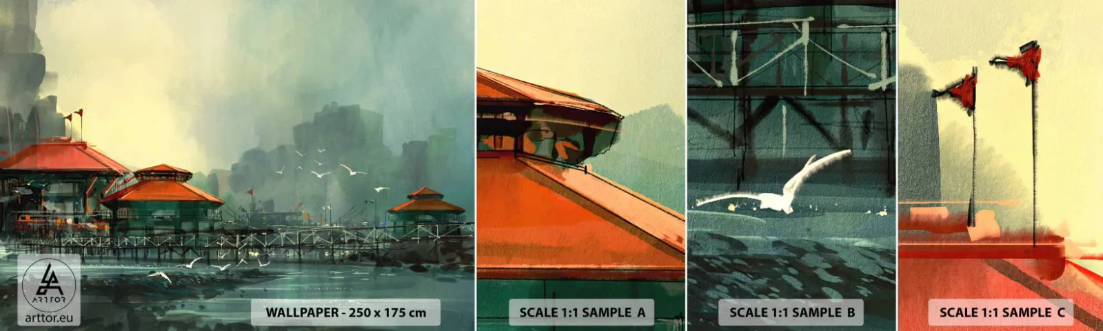 Vzorka samolepiacej fototapety Deluxe Sticker - Slnečný deň v prístave - Prístavné mesto, Architektúra, More - 100x30 cm