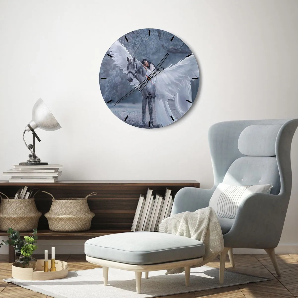 Nástenné hodiny - Žena pri bielom koni s rozprestretými krídlami - 30x30cm - Nadšený okamih - Moderná nástenná dekorácia do obývacej izby, kuchyne a spálne ARTTOR
