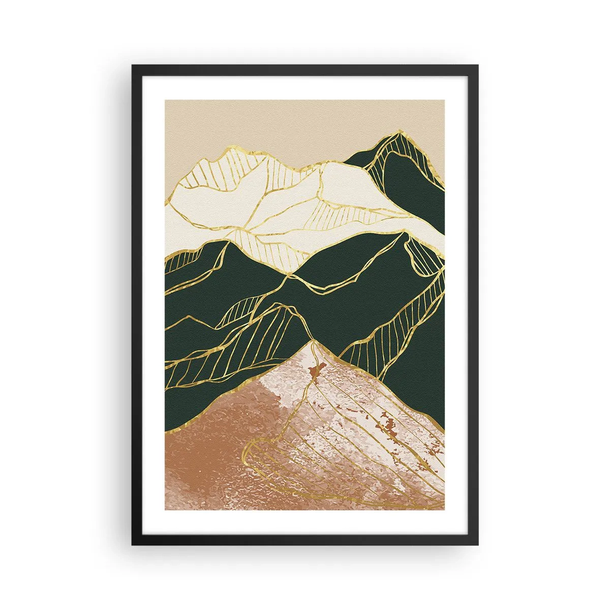 Plagát v čiernom ráme - Abstraktné zlaté čiary vytvárajúce horskú krajinu - 50x70cm - Zlaté vrcholy - Moderná nástenná dekorácia do obývacej izby a spálne ARTTOR