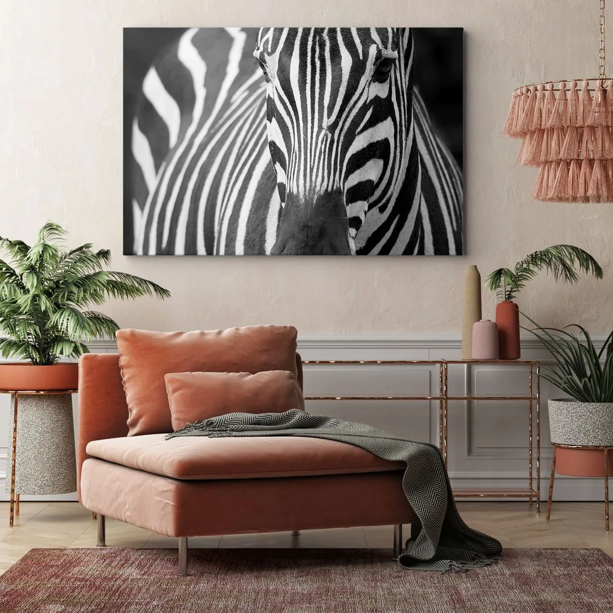Obraz na plátne - Čiernobiely detailný záber zebry s jej charakteristickými pruhmi. - 70x50cm - Svet je čierno-biely - Moderná nástenná dekorácia do obývacej izby a spálne ARTTOR