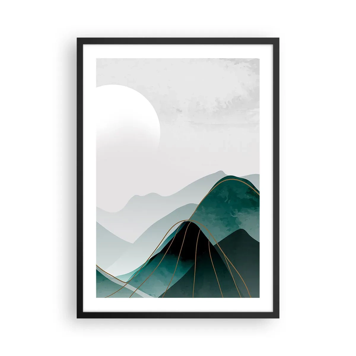 Plagát v čiernom ráme - Abstraktné hory v odtieňoch zelenej s jemnou zlatou - 50x70cm - V plnom majestáte - Moderná nástenná dekorácia do obývacej izby a spálne ARTTOR