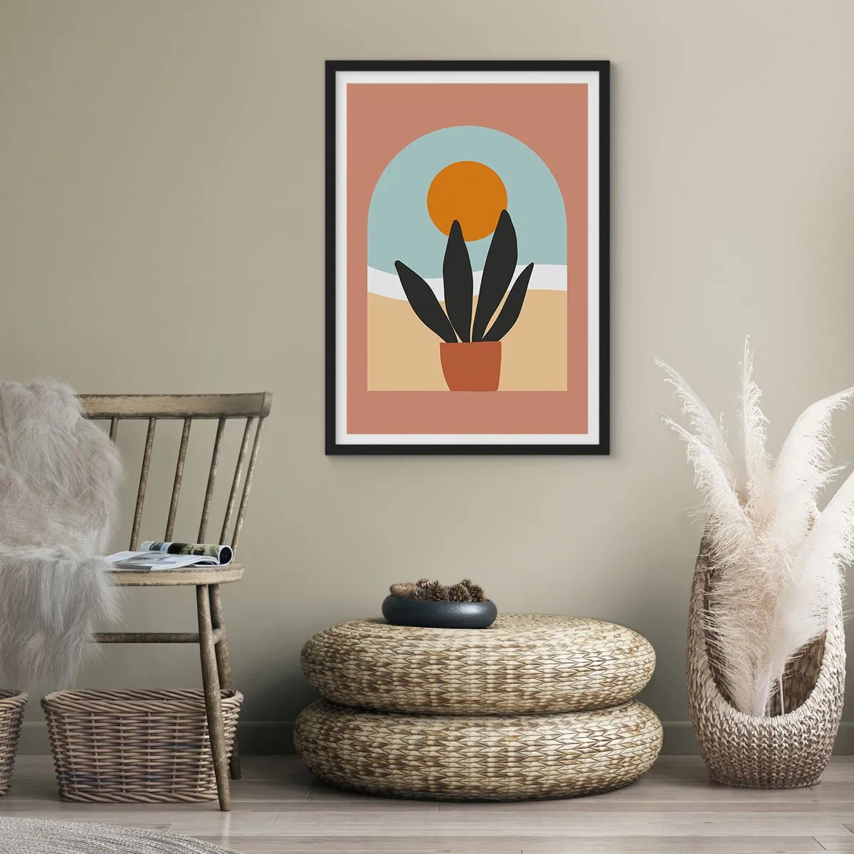 Plagát v čiernom ráme - Črepníková rastlina pred oblúkom so západom slnka v pozadí - 50x70cm - Malé radosti - Moderná nástenná dekorácia do obývacej izby a spálne ARTTOR