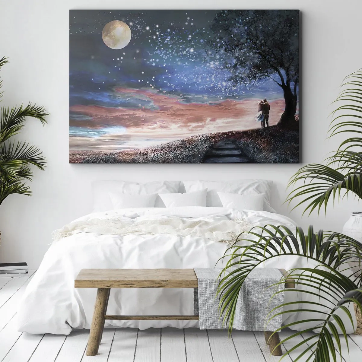 Obraz na plátne - Romantická scéna pre páry pod splnom - 70x50cm - Hviezdicovité predstavenie - Moderná nástenná dekorácia do obývacej izby a spálne ARTTOR