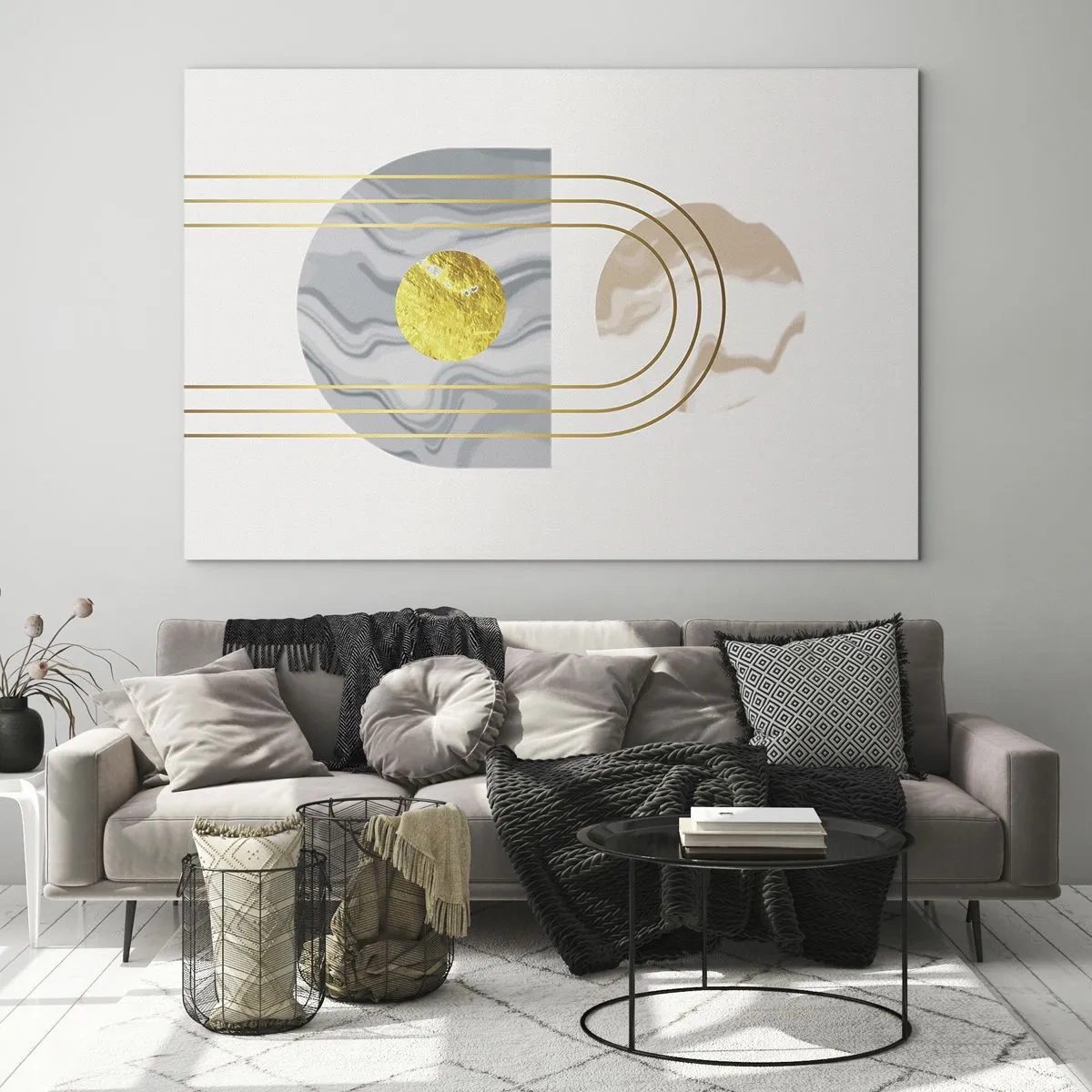 Obraz na skle - Abstraktná maľba v zlatej a sivej farbe - 70x50cm - Jas a žiarivosť - Moderná nástenná dekorácia do obývacej izby a spálne ARTTOR