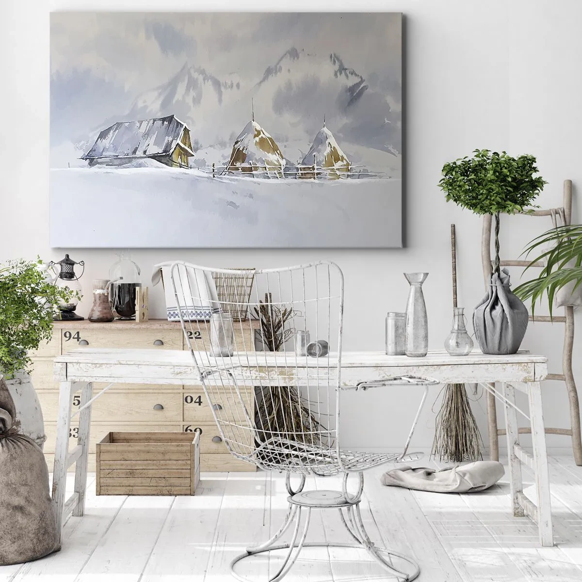 Obraz na plátne - Zimná krajina s chatou a kopami sena v horách - 70x50cm - V zasneženom údolí - Moderná nástenná dekorácia do obývacej izby a spálne ARTTOR