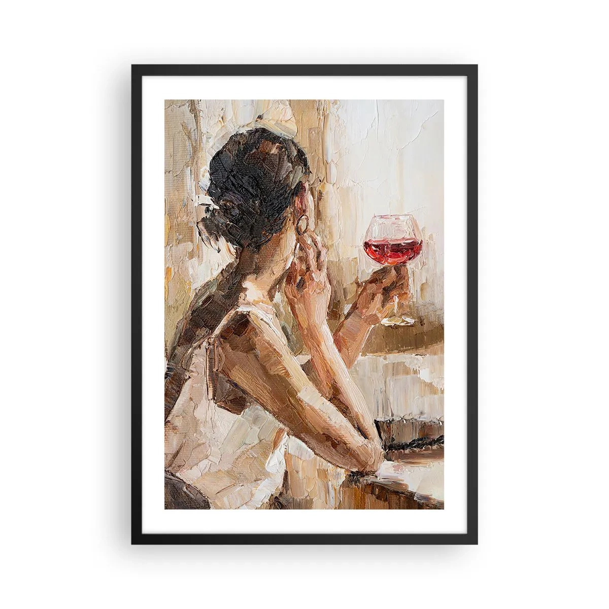 Plagát v čiernom ráme - Žena drží pohár vína a vyzerá zamyslene - 50x70cm - Chuť dobré chvíle - Moderná nástenná dekorácia do obývacej izby a spálne ARTTOR