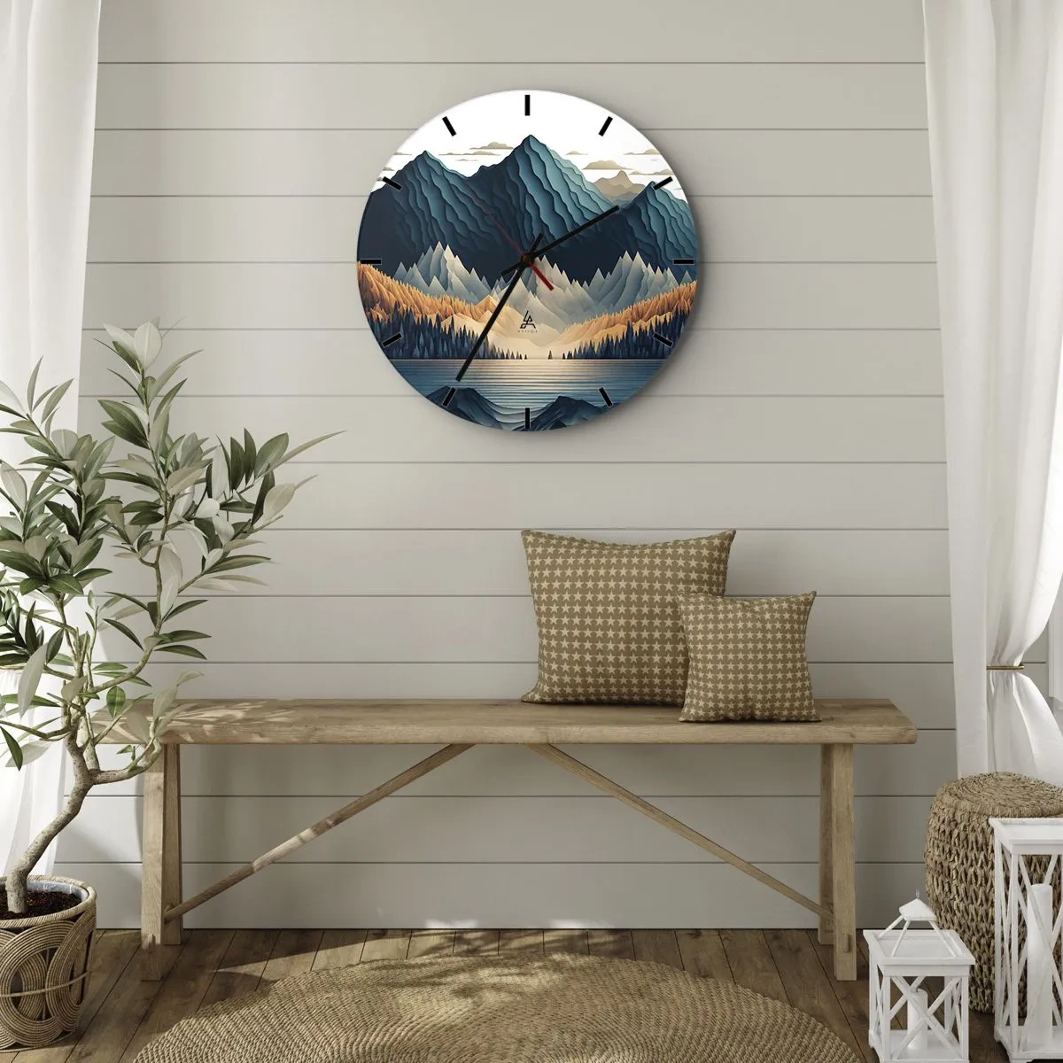 Nástenné hodiny - Hory v odtieňoch tmavomodrej a béžovej nad jazerom ráno - 30x30cm - Dokonalá horská krajina - Moderná nástenná dekorácia do obývacej izby, kuchyne a spálne ARTTOR