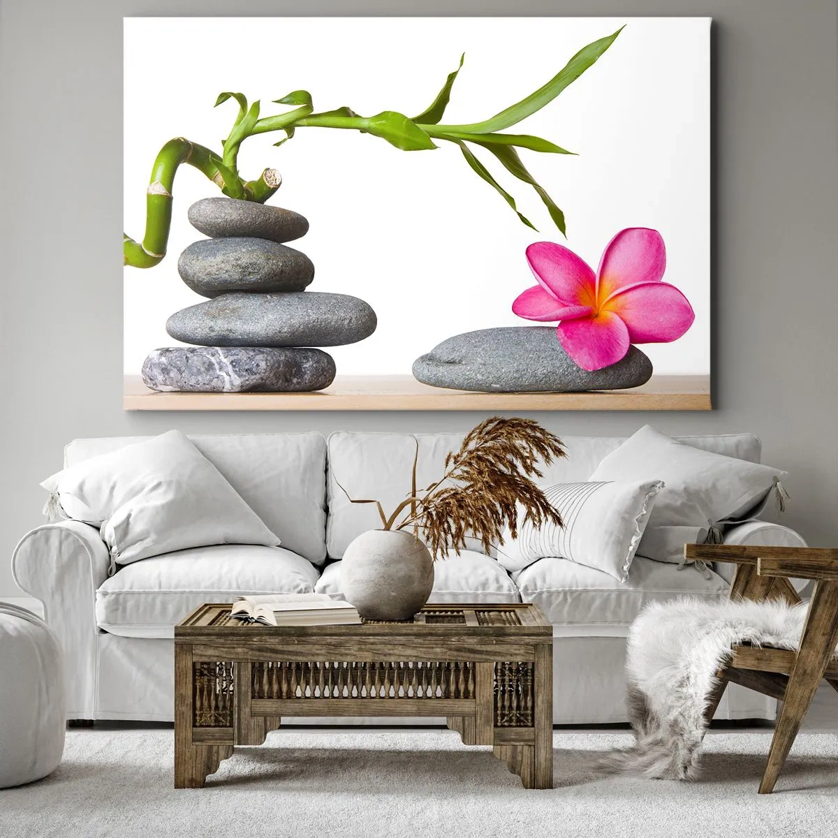 Obraz na plátne - Bambus a ružový kvet na kameňoch v zenovom štýle - 70x50cm - Farby života a trvania - Moderná nástenná dekorácia do obývacej izby a spálne ARTTOR
