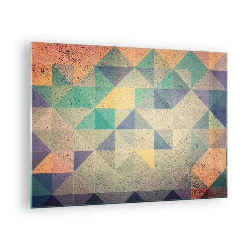 Obraz na skle - Farebná mozaika s geometrickými trojuholníkmi v retro štýle - 70x50cm - Republika trojuholníkov - Moderná nástenná dekorácia do obývacej izby a spálne ARTTOR
