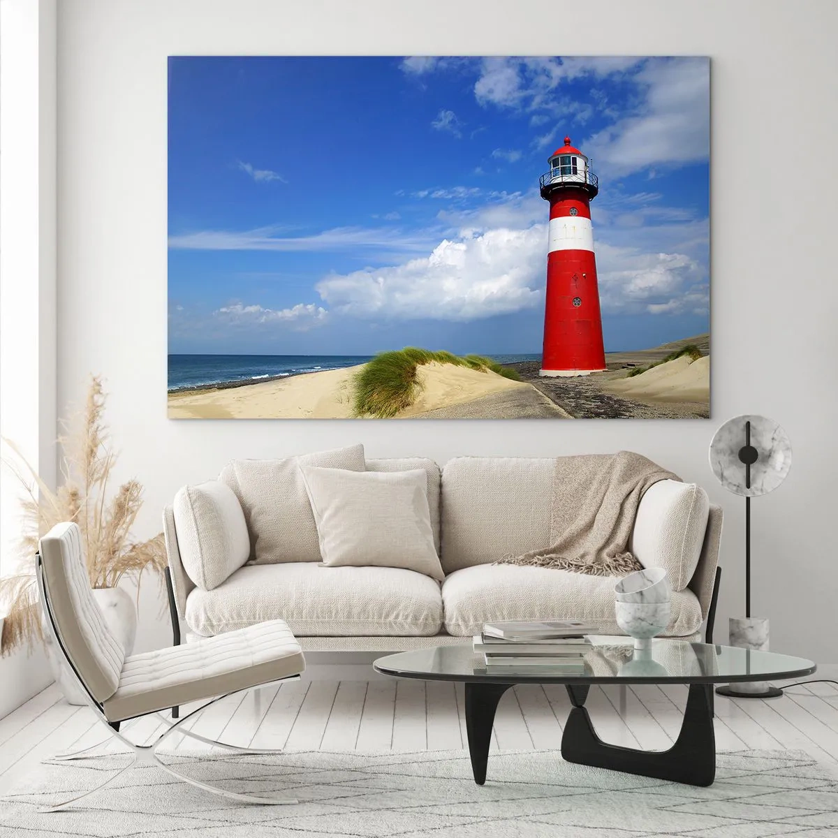 Obraz na skle - Červený maják proti modrej oblohe - 70x50cm - Vysnená samota - Moderná nástenná dekorácia do obývacej izby a spálne ARTTOR