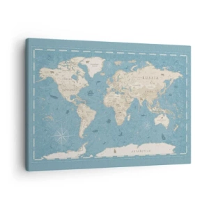 Obraz na plátne - Dekoratívna mapa sveta v odtieňoch modrej a béžovej - 70x50cm - Svet na dosah ruky - Moderná nástenná dekorácia do obývacej izby a spálne ARTTOR