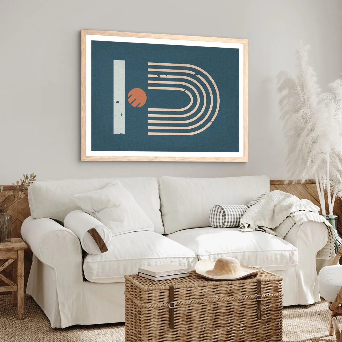 Plagát v ráme zo svetlého duba - Geometria v námorníckej modrej - 40x30 cm