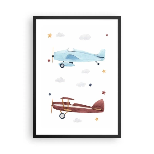 Plagát v čiernom ráme - Akvarelové ilustrácie dvoch lietadiel vznášajúcich sa medzi oblakmi a hviezdami. - 50x70cm - Pán pilot, čakáme! - Moderná nástenná dekorácia do obývacej izby a spálne ARTTOR