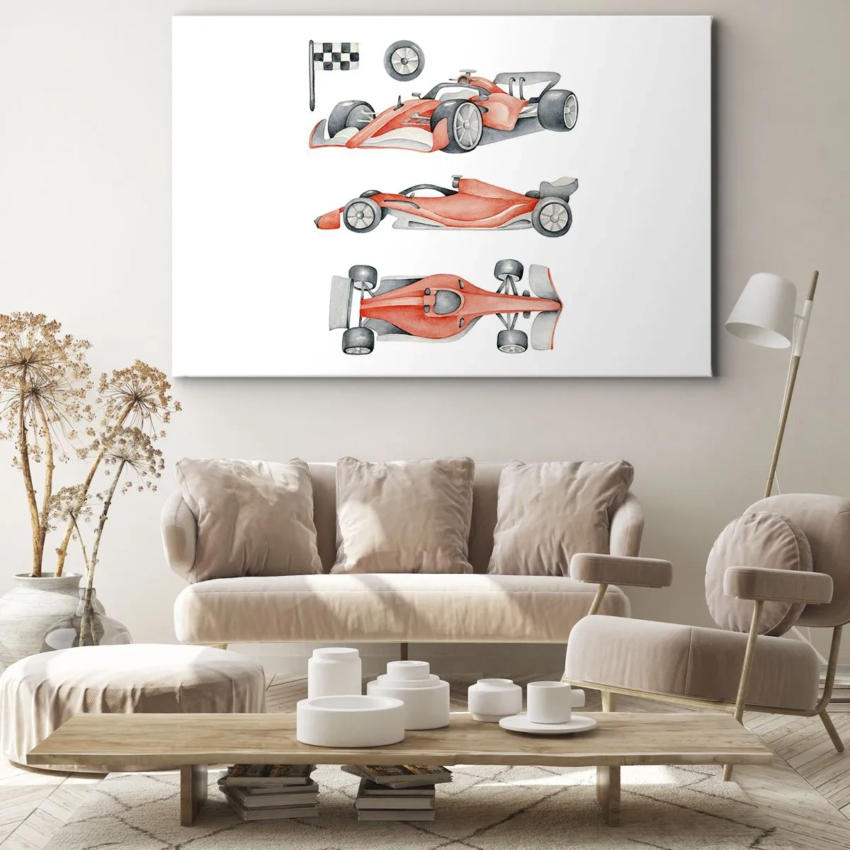 Obraz na plátne - Červené pretekárske auto s kockovanou vlajkou - 70x50cm - Dobehnúť sen - Moderná nástenná dekorácia do obývacej izby a spálne ARTTOR