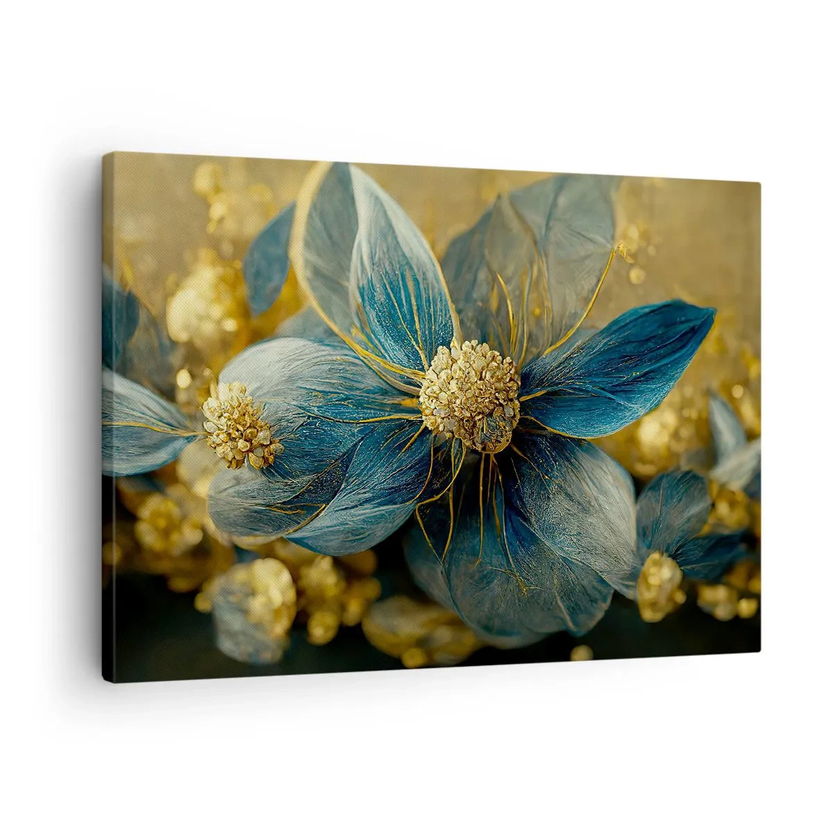 Obraz na plátne - Elegantné kvety v odtieňoch modrej a zlatej - 70x50cm - Rozkvitnúť zlatom - Moderná nástenná dekorácia do obývacej izby a spálne ARTTOR