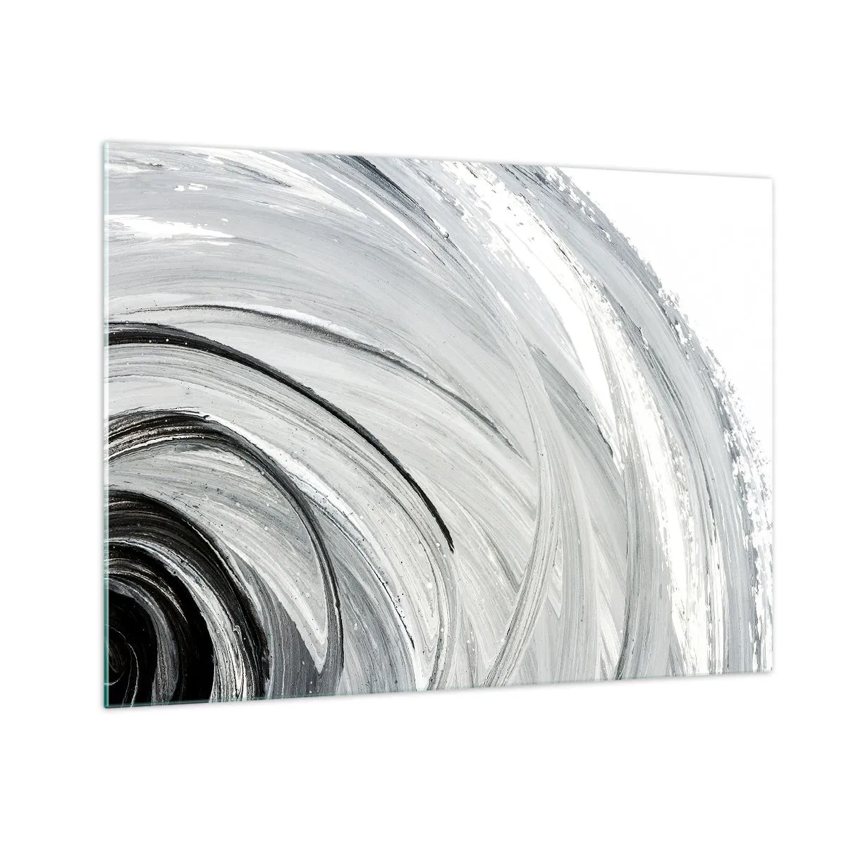Obraz na skle - Čiernobiela špirála s dynamickými ťahmi štetcom. - 70x50cm - Orbitálna kompozícia - Moderná nástenná dekorácia do obývacej izby a spálne ARTTOR