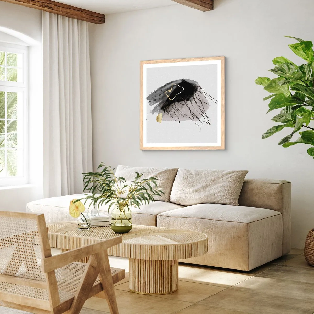 Plagát v ráme zo svetlého duba - V čiernej a zlatej - 40x40 cm